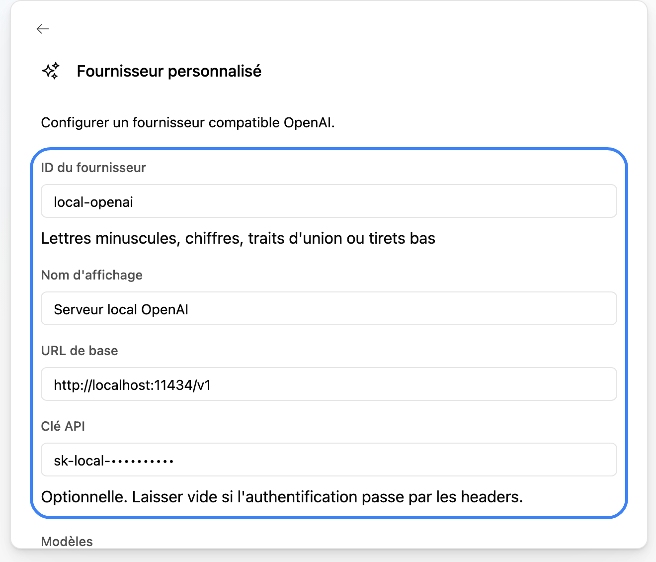 Renseigner l'identité et l'API